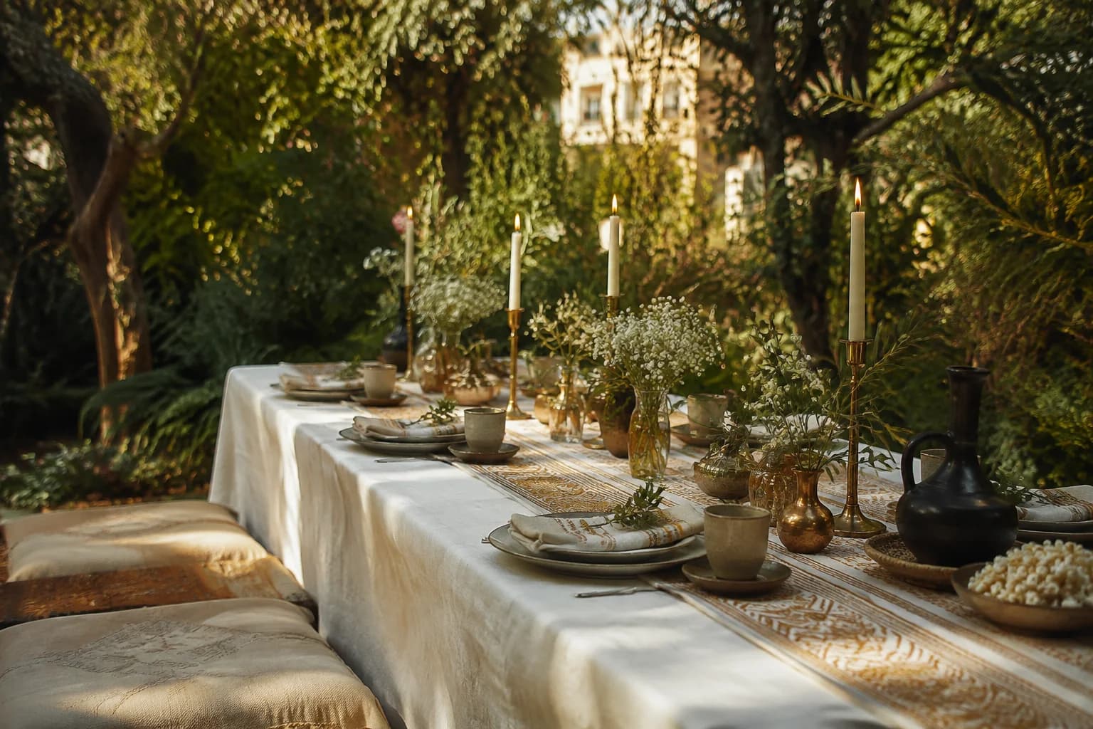 An intimate garden table with woven linens, flowers, candles and an Ethiopian coffee pot